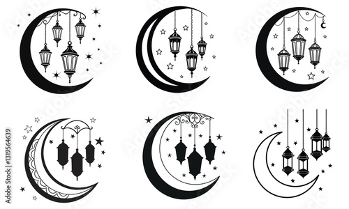 Celestial Glow: Crescent Moon with Hanging Lanterns
