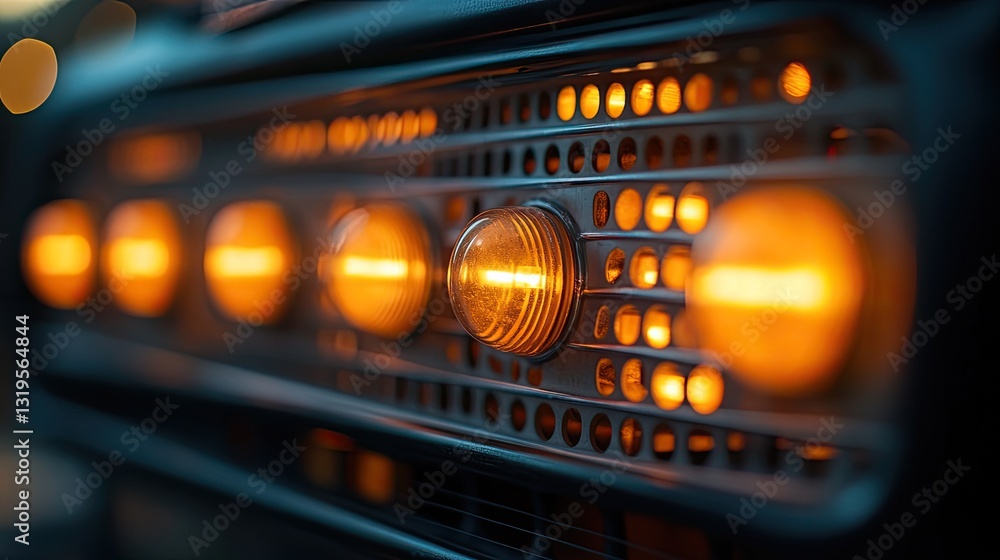 Close-up of the orange lights that illuminate on the speaker grill of an old-fashioned radio. Close-up of the orange lights that illuminate on the speaker grill of an old-fashioned radio.