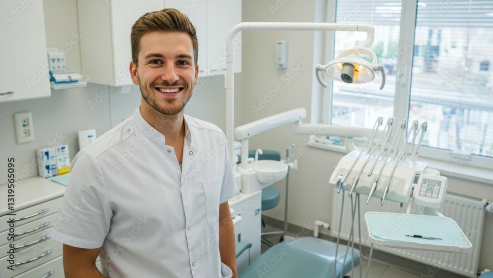 Fototapeta premium Caucasian male dentist smiling in modern dental clinic with dental equipment Focus on healthcare and wellness