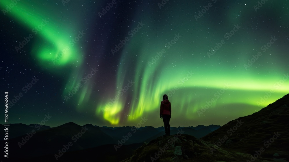 Fototapeta premium Person standing on mountain observing northern lights in wilderness at night Theme of exploration and serenity