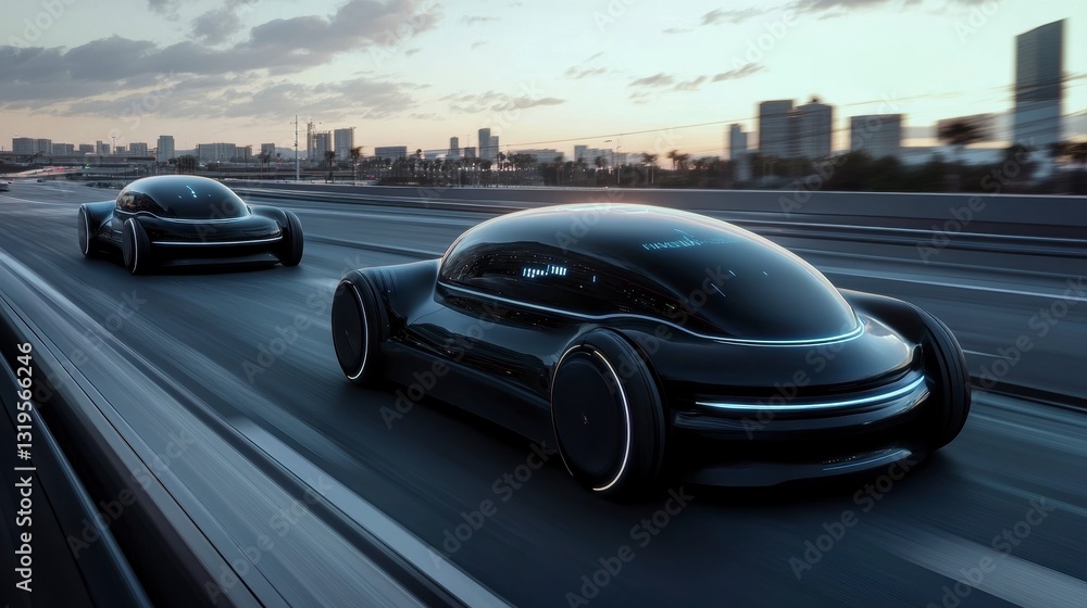 Naklejka premium Futuristic cars on highway at sunset city background. Possible stock use city, urban, future, cars, technology