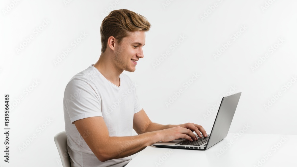 Caucasian man smiling while using laptop at home office Focus on technology, productivity, happiness Caucasian man smiling while using laptop at home office Focus on technology, productivity, happiness