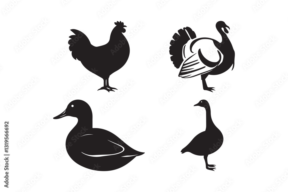 Farm Birds Silhouette Set Chicken, Turkey, Duck, Goose Vector Illustration Farm Birds Silhouette Set Chicken, Turkey, Duck, Goose Vector Illustration