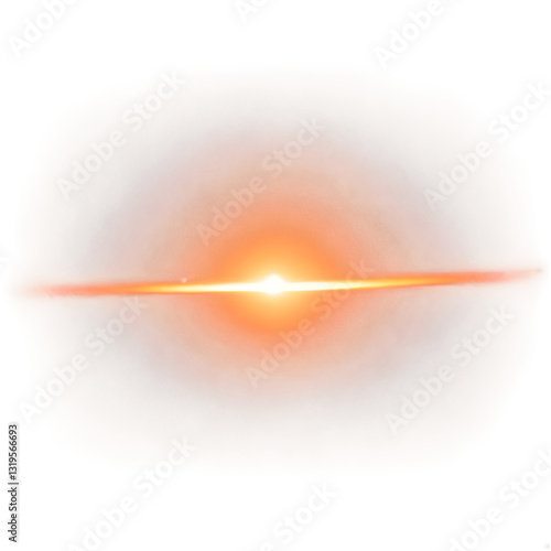 Abstract orange lens flare with bright glow, rays, and bokeh effect on transparent background.

