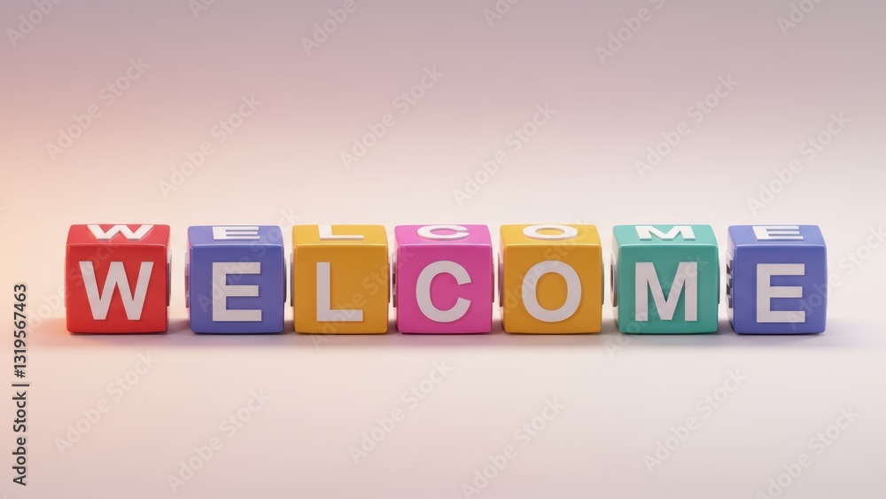 Colorful welcome blocks arranged in a line Ideal for children's rooms, home decor, creativity theme Colorful welcome blocks arranged in a line Ideal for children's rooms, home decor, creativity theme