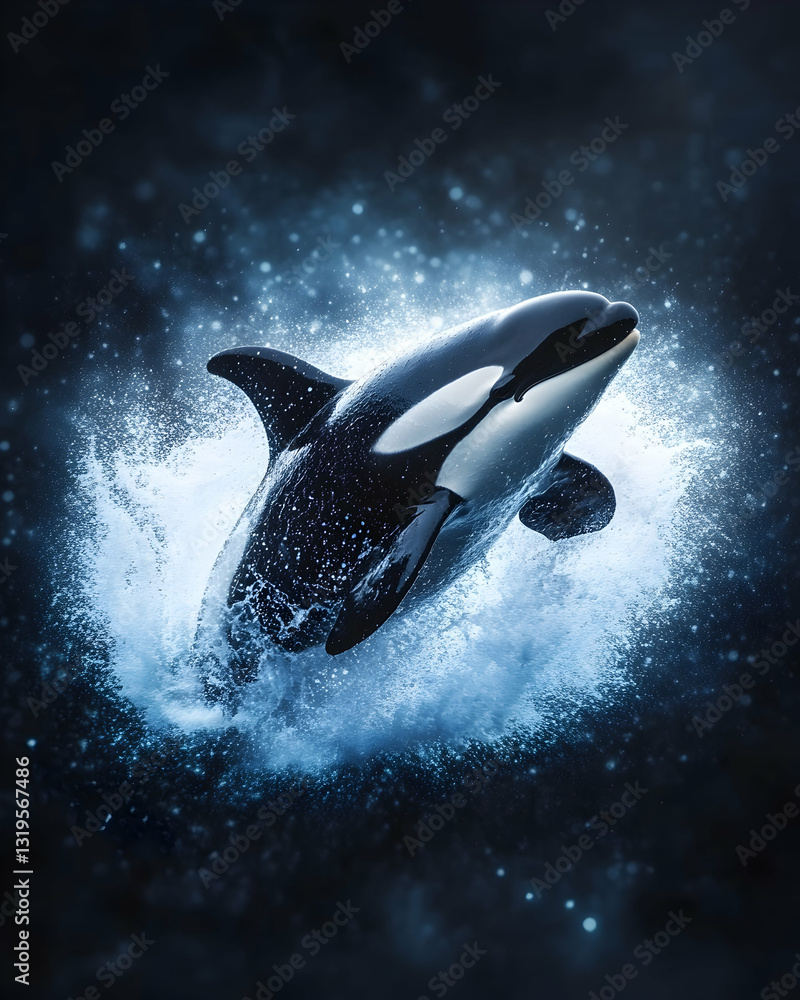 Obraz premium Orca leaping from ocean creating splash Dark moody background