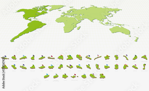 American Maps and Flags in Isometric Style. Isometric Maps Collection
