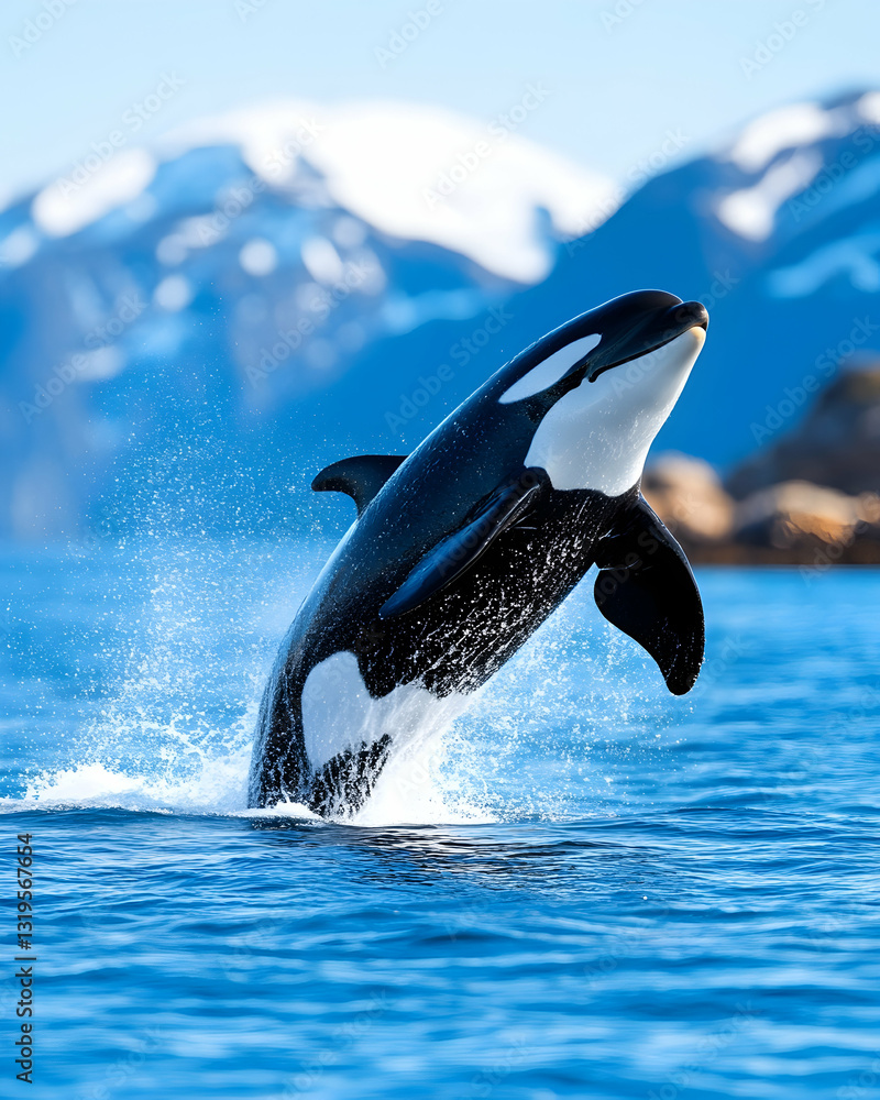 Obraz premium Orca leaping from ocean mountains background