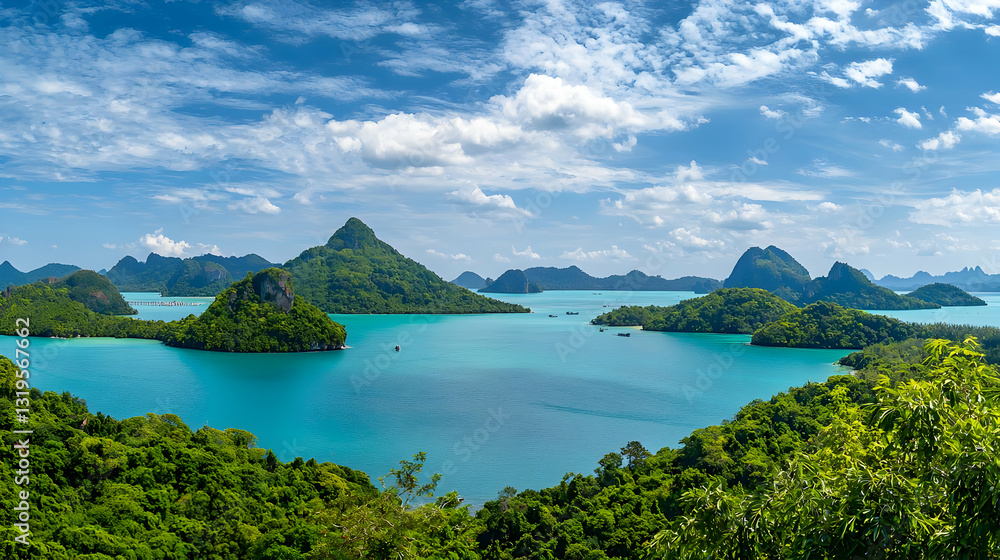 Panoramic View Of Lush Tropical Islands With Turquoise Water And Blue Sky In Ang Thong National Marine Park Panoramic View Of Lush Tropical Islands With Turquoise Water And Blue Sky In Ang Thong National Marine Park