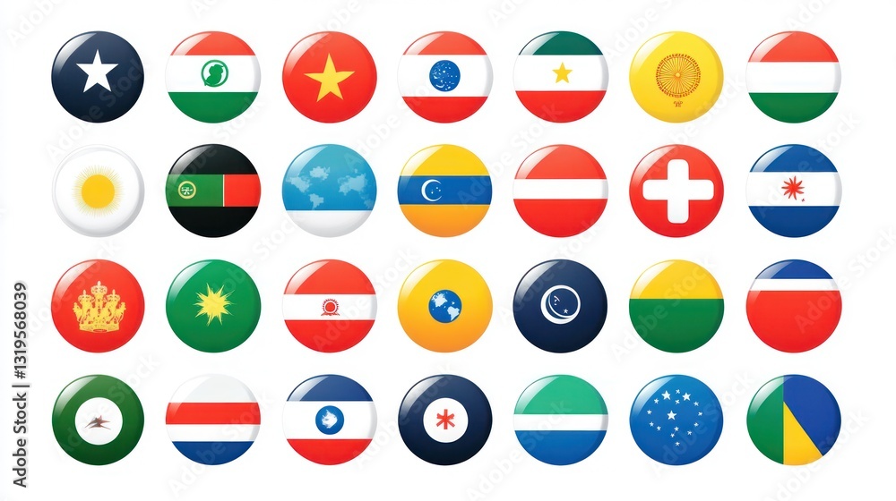 Collection of round flags with patterns. Row of colored circles on a white background Collection of round flags with patterns. Row of colored circles on a white background