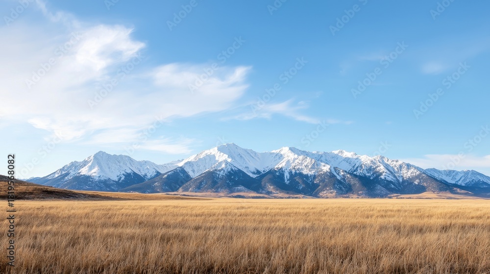 Expansive Mountain Range Stretched Across Horizon Under Clear Blue Sky with Snow-Capped Peaks and Golden Grasslands Expansive Mountain Range Stretched Across Horizon Under Clear Blue Sky with Snow-Capped Peaks and Golden Grasslands