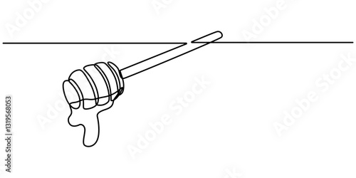 Honey dripping from honey dipper, continuous one line drawing, tattoo, print for clothes and logo design, A continuous line drawing of a honey jar with a dipper, white background isolated pro vector. 