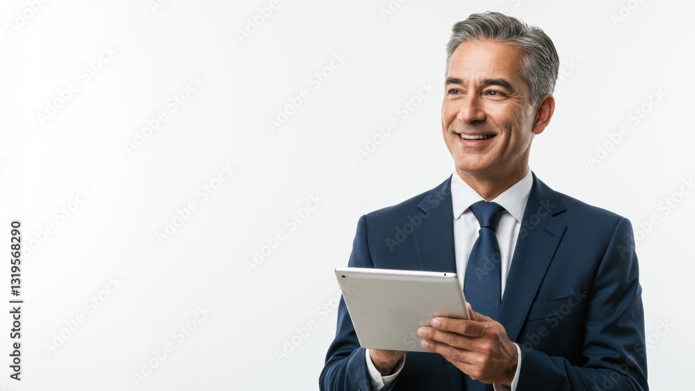 Caucasian middle aged businessman smiles while holding a tablet in a studio setting, representing corporate professionalism and technology Caucasian middle aged businessman smiles while holding a tablet in a studio setting, representing corporate professionalism and technology