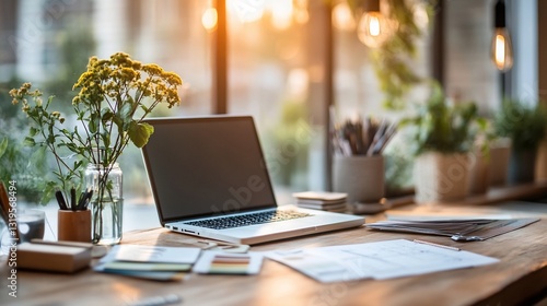Wallpaper Mural Sunlit workspace with laptop, plants, and stationery Torontodigital.ca