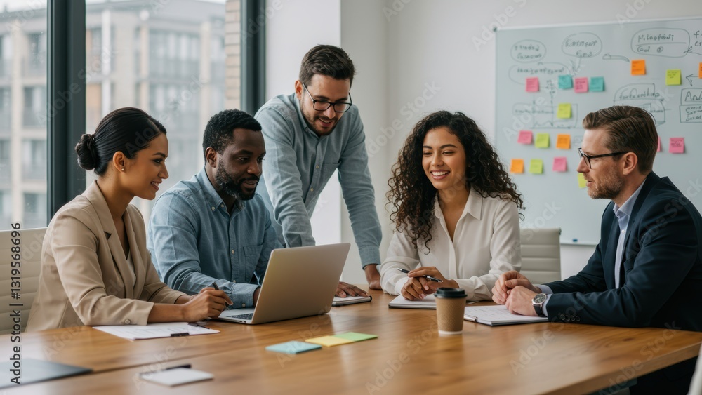 Obraz premium Mixed ethnicity office team collaborates on project in modern workspace Themes of diversity and teamwork