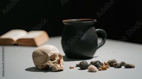 Ancient Practices of Witchcraft Explored Through Ritual Objects and Symbolism in a Spooky Still Life Setting