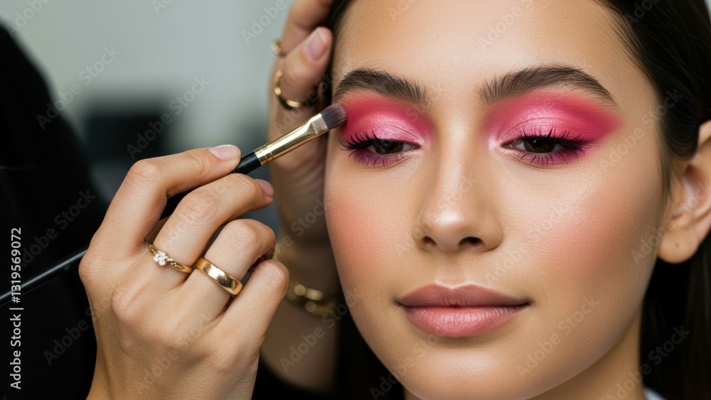 Latina woman getting makeup applied in beauty salon with pink eyeshadow, showcasing glam and self care concepts Latina woman getting makeup applied in beauty salon with pink eyeshadow, showcasing glam and self care concepts