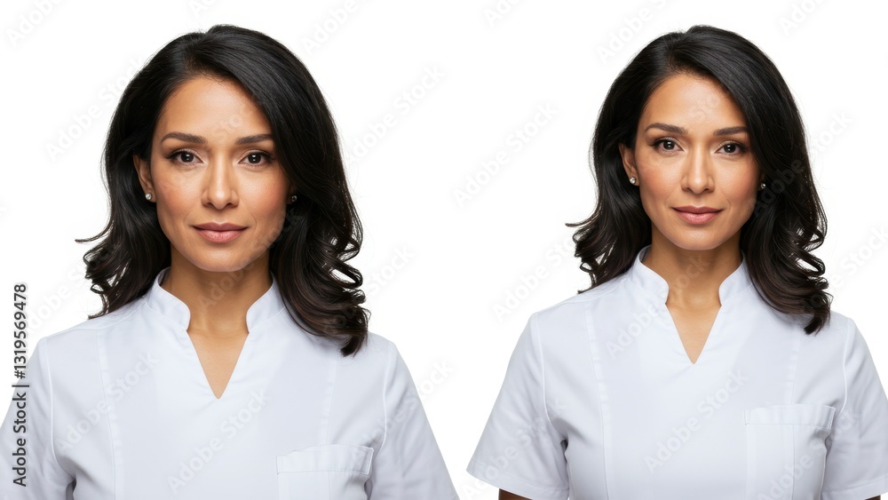 Southeast Asian female nurse in white scrubs smiling against a neutral background Emphasizes healthcare professionalism and compassion Southeast Asian female nurse in white scrubs smiling against a neutral background Emphasizes healthcare professionalism and compassion