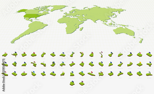 US State Maps and Flags in Isometric Style. Isometric Maps Collection