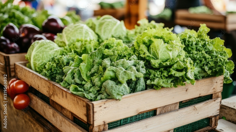Fresh Green Leafy Vegetables in Wooden Crate at a Market Stall Fresh Green Leafy Vegetables in Wooden Crate at a Market Stall