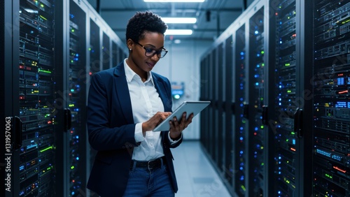 Black woman IT professional using tablet in data center Focused on technology, innovation, diversity