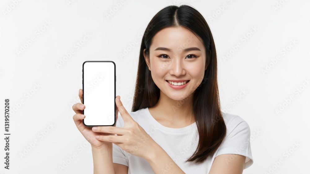 Asian woman smiling while holding smartphone with blank screen in studio Represents modern technology and digital communication Asian woman smiling while holding smartphone with blank screen in studio Represents modern technology and digital communication