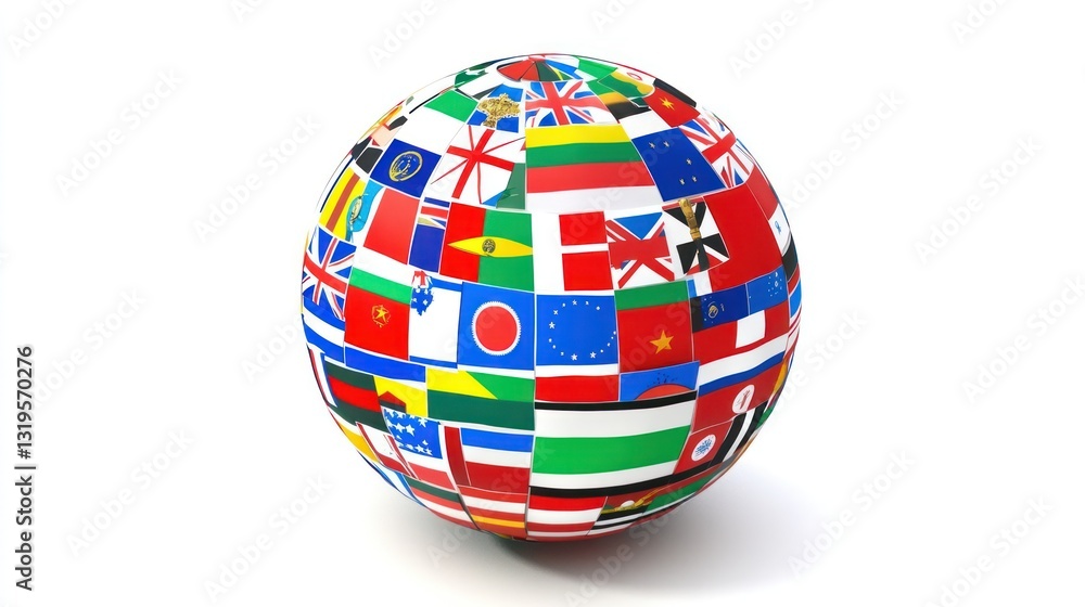 Sphere with multiple flags on white surface representing various countries, cultures, and global relationships Sphere with multiple flags on white surface representing various countries, cultures, and global relationships
