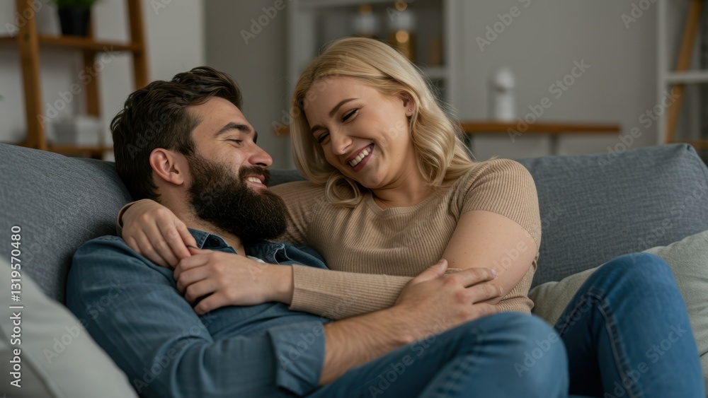 Caucasian man and woman sit together on sofa in cozy living room, sharing affectionate moment Themes of love and intimacy Caucasian man and woman sit together on sofa in cozy living room, sharing affectionate moment Themes of love and intimacy