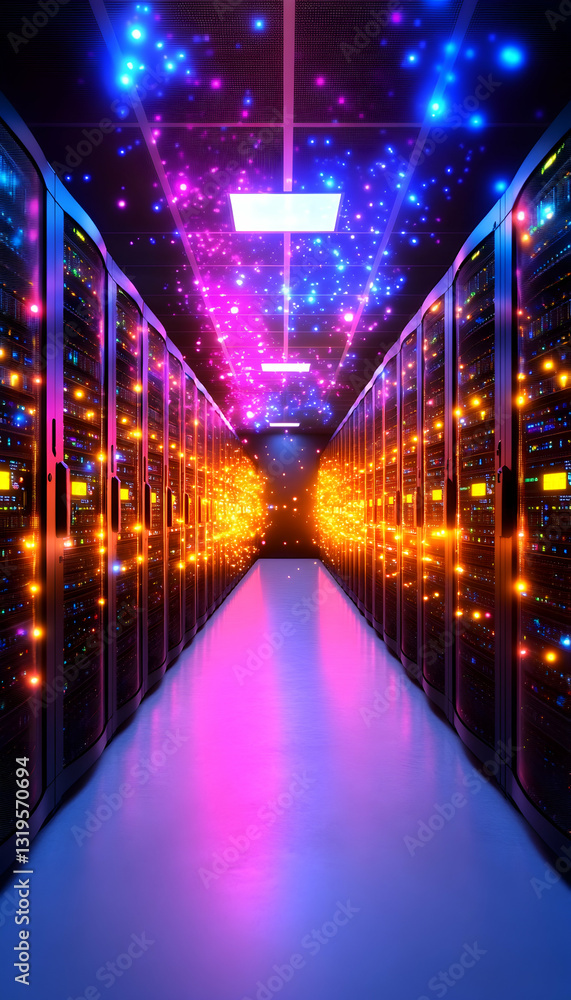 Illuminated server room with rows of data storage units glowing with vibrant colors Data streams visualized as colorfu Illuminated server room with rows of data storage units glowing with vibrant colors Data streams visualized as colorfu