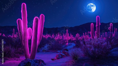 Surreal Neon Cactus Landscape Under Full Moon at Night