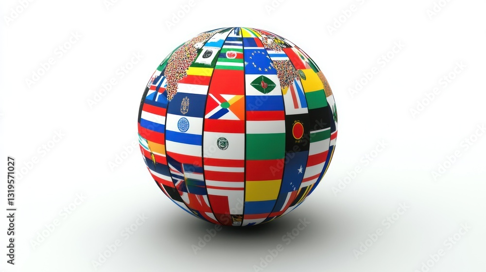 Globe with flag patterns against a white background. International representation and world unity Globe with flag patterns against a white background. International representation and world unity