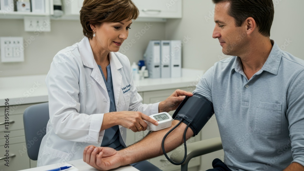 Obraz premium Caucasian female doctor measures blood pressure of adult male patient in a clinic Focus on health care and patient well being
