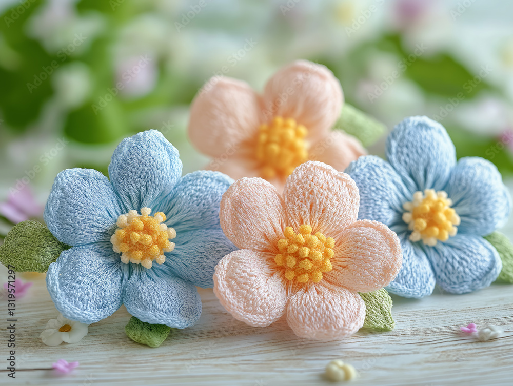 Knitted flowers in pastel shades on a wooden surface. Handmade, textile floristry and coziness create an atmosphere of spring and warmth. Ideal for design, decor and creativity. Knitted flowers in pastel shades on a wooden surface. Handmade, textile floristry and coziness create an atmosphere of spring and warmth. Ideal for design, decor and creativity.