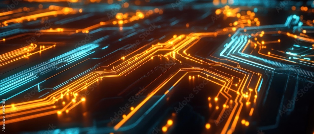 Fototapeta premium Abstract Digital Circuitry: Glowing Orange and Blue Lines
