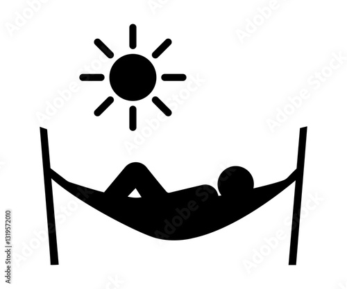 Stickman lying in hammock relaxing under the sun. cartoon pictogram illustration.