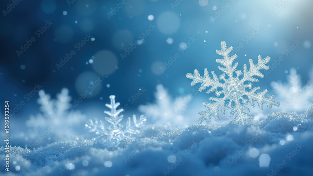 Winter wonderland, magical snowflakes, ethereal blue background Winter wonderland, magical snowflakes, ethereal blue background