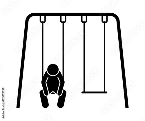 Stickman sitting alone on a rope swing. cartoon pictogram.