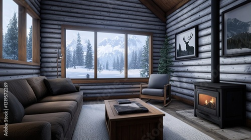 Wallpaper Mural A serene mountain retreat with a log cabin winter landscape cozy interior snowy environment warm atmosphere Torontodigital.ca