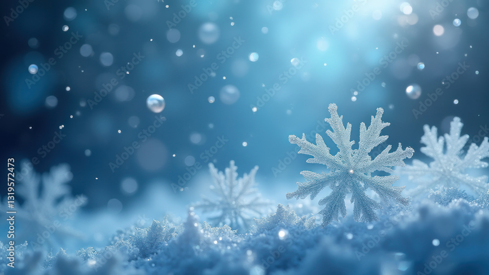 Winter wonderland, magical snowflakes, ethereal blue background Winter wonderland, magical snowflakes, ethereal blue background