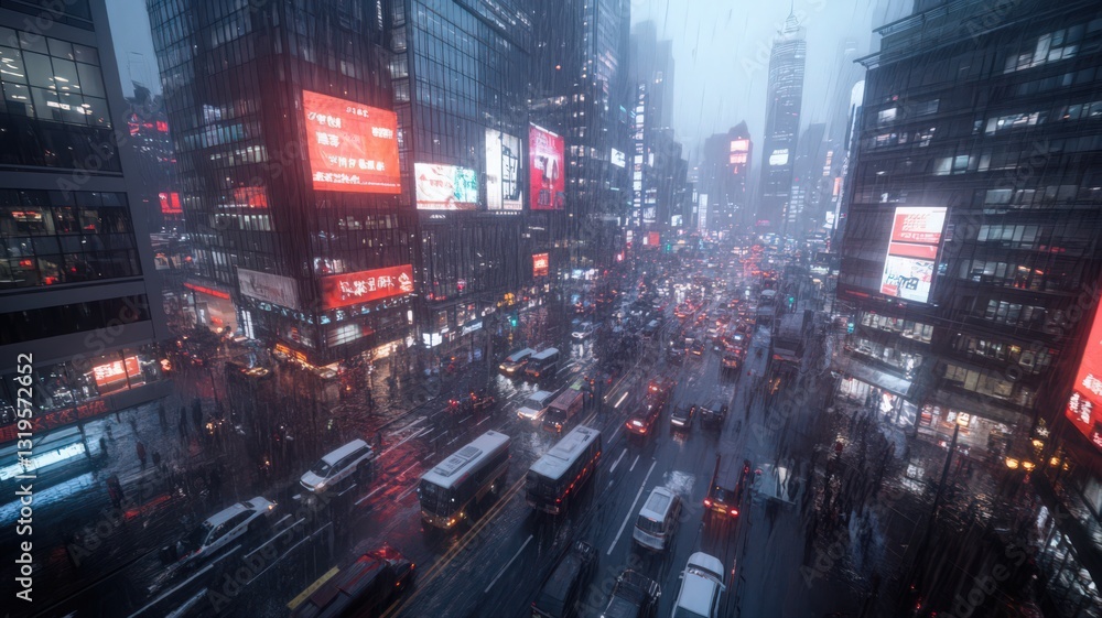 Obraz premium Snowy Night Cityscape: Traffic and Bright Lights During a Snowstorm