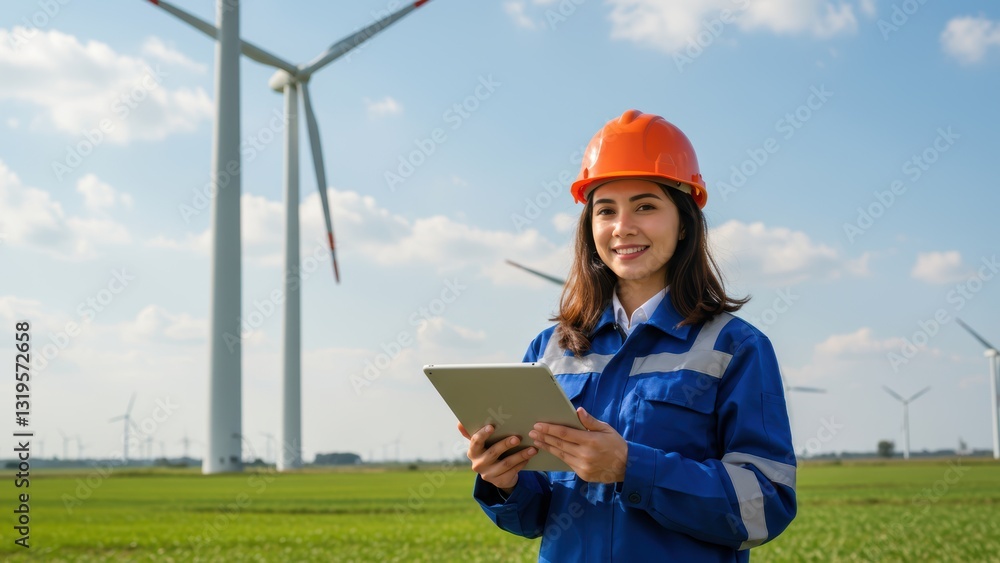 Asian female engineer holding tablet near wind turbines in green field, promoting renewable energy and sustainability