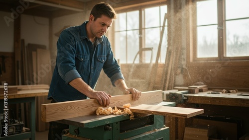 White male carpenter working on woodworking project in workshop Focus on craftsmanship and DIY themes photo