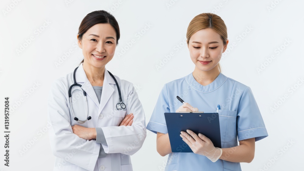 Asian female doctor and nurse collaborate in healthcare setting Focus on teamwork and patient care Asian female doctor and nurse collaborate in healthcare setting Focus on teamwork and patient care