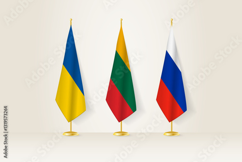Diplomatic Meeting Representation, Ukraine, Lithuania and Russia Flags. Flags on Diplomatic Stands.