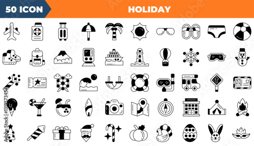 Holiday icon set. Containing design, travel, vacation, summer,and more. Duotone vector icons collection.