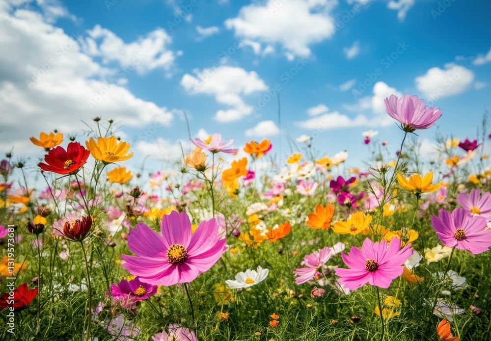 Vibrant Colorful Flower Field Under Blue Sky with Fluffy White Clouds in Spring or Summer Season Capturing Natural Beauty and Flourishing Blooms Vibrant Colorful Flower Field Under Blue Sky with Fluffy White Clouds in Spring or Summer Season Capturing Natural Beauty and Flourishing Blooms