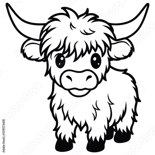 Cute baby Highland Cow line art silhouette vector, coloring book deisgn.