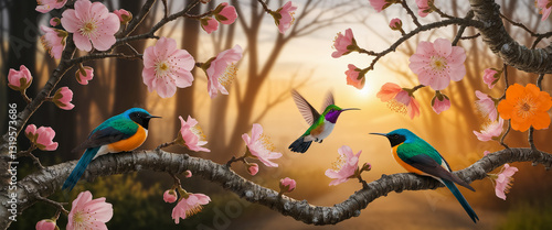Three colorful birds perched on blossoming branches at sunrise, creating a vibrant and peaceful spring scene symbolizing nature's beauty and tranquility
