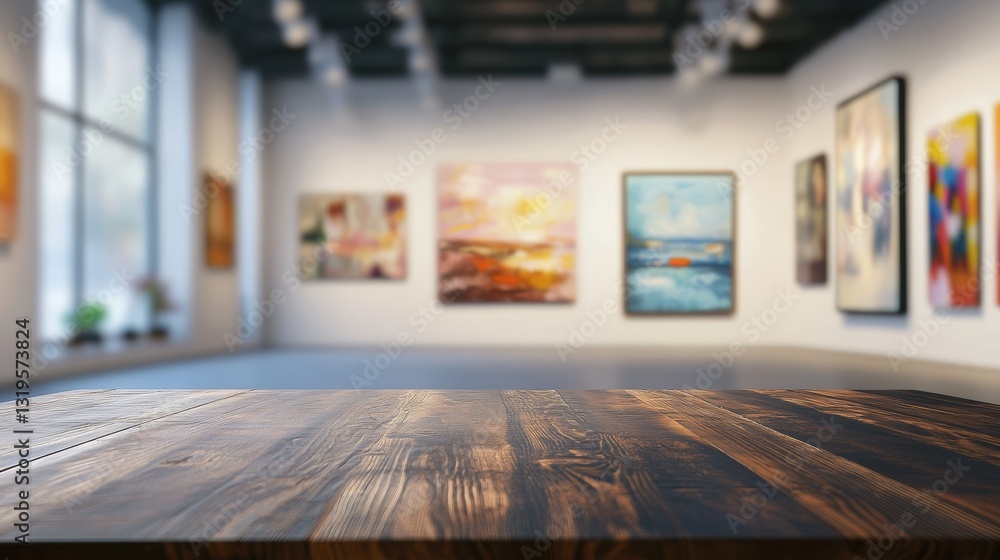 Empty table top with a blurred gallery interior