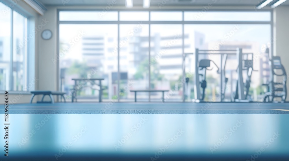 Empty table top with a blurred gym interior Empty table top with a blurred gym interior